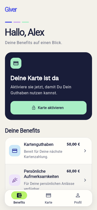 Giver Benefits App mit 50 Euro Kartenguthaben und 60 Euro für persönliche Aufmerksamkeiten