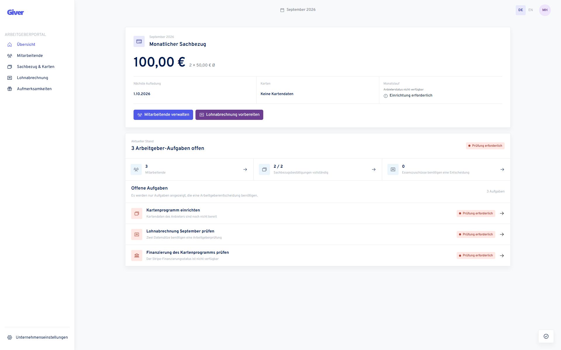Vergrößerter Arbeitsbereich im Giver Portal mit monatlichem Sachbezug, offenen Aufgaben und Schnellaktionen
